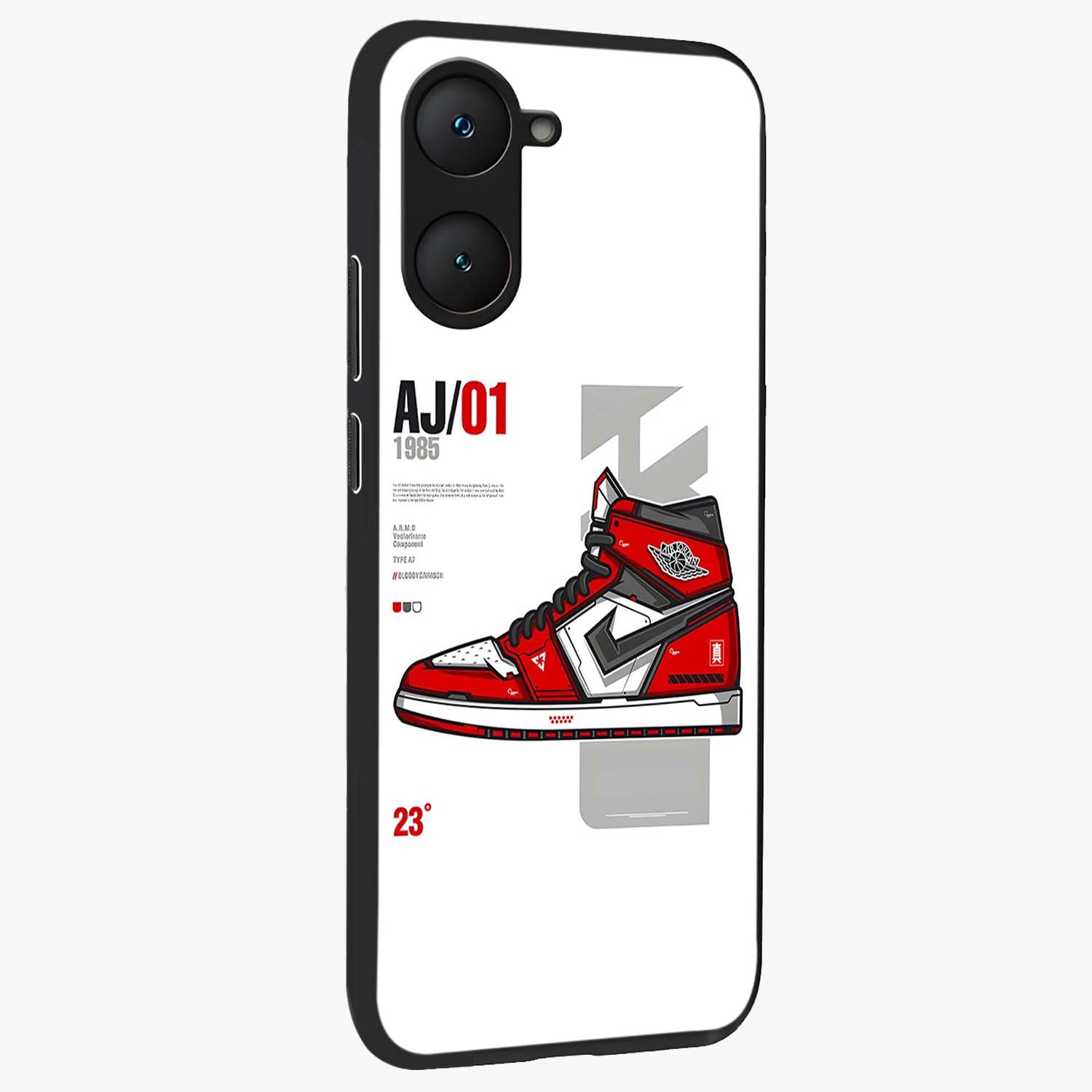 Retro Sneaker Blueprint Glass Case upright view showcasing stylish sneaker illustration with vintage streetwear theme.