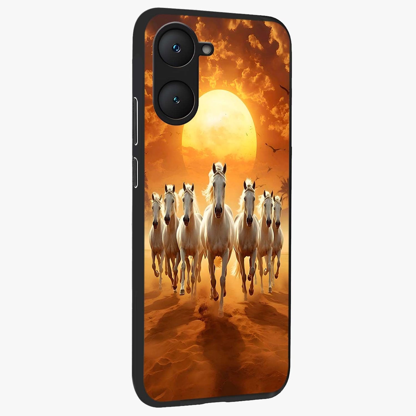 Wild Sunset Majesty Glass Case upright view showcasing dramatic sunset artwork with bold nature theme.