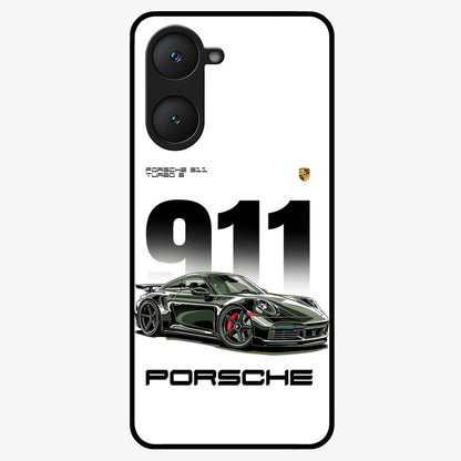911 Turbo Dominance Glass Case showing clean flat back view with bold 911 sports car artwork and glossy glass finish.