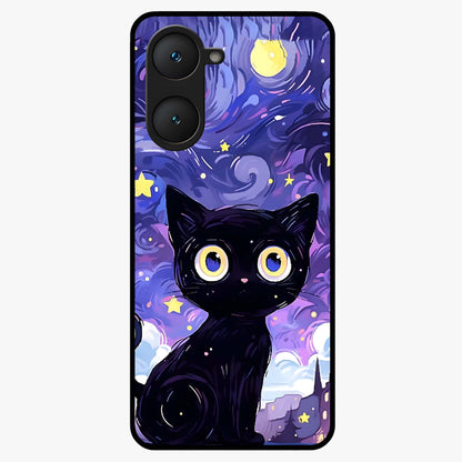 Abstract Cat Art Glass Case showing flat back view with artistic cat illustration and glossy glass finish.