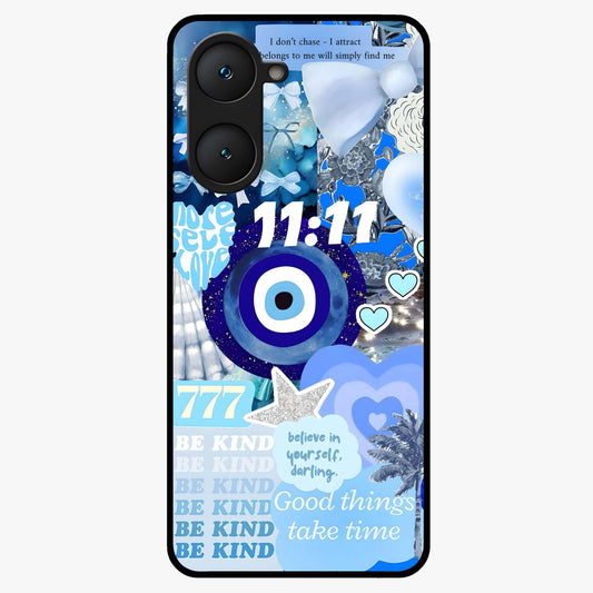 Aesthetic Be Kind Eye Glass Case showing flat back view with motivational eye artwork and glossy glass finish.