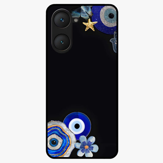 Aesthetic Blue Evil Eye Glass Case showing flat back view with protective evil eye artwork and glossy glass finish.