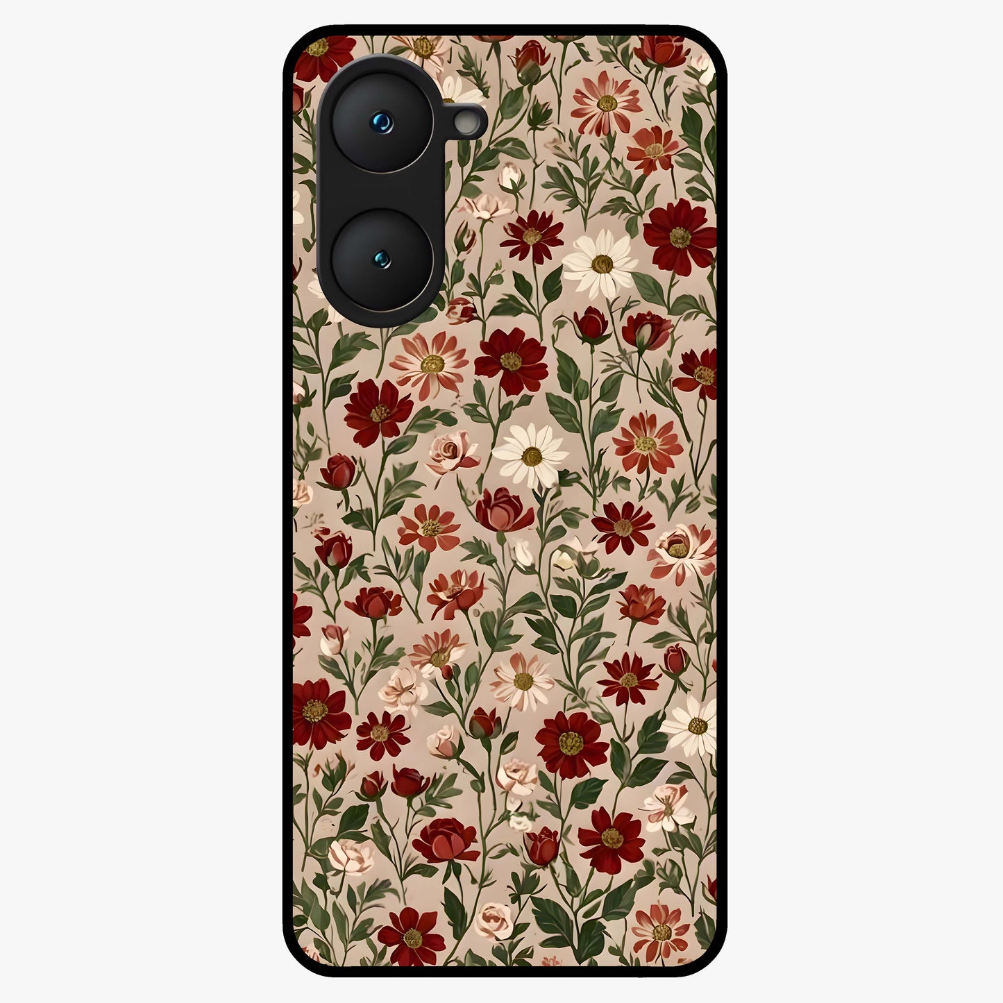 Biege Flower With Leaf Glass Case showing flat back view with soft beige floral artwork and glossy glass finish.