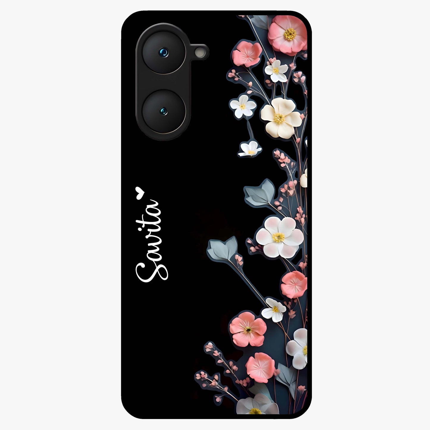 Black Elegance Floral Custom Name Glass Case showing flat back view with elegant floral artwork and personalized name design.