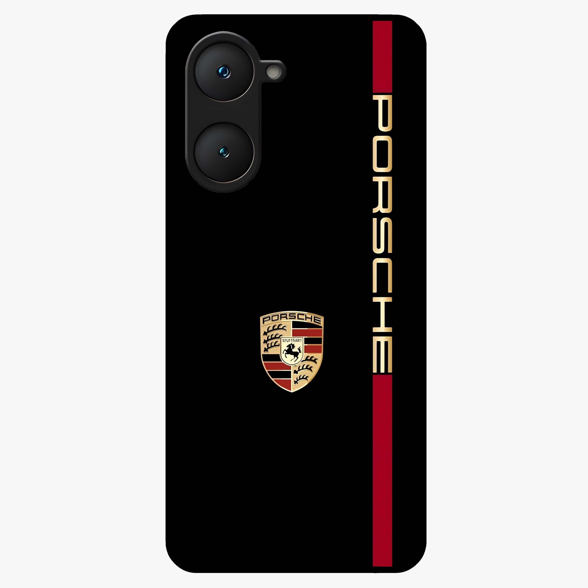 Black Minimal Porsche Glass Case showing flat back view with sleek minimal sports car artwork and glossy glass finish.