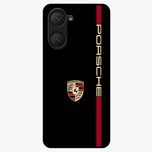 Black Minimal Porsche Glass Case showing flat back view with sleek minimal sports car artwork and glossy glass finish.