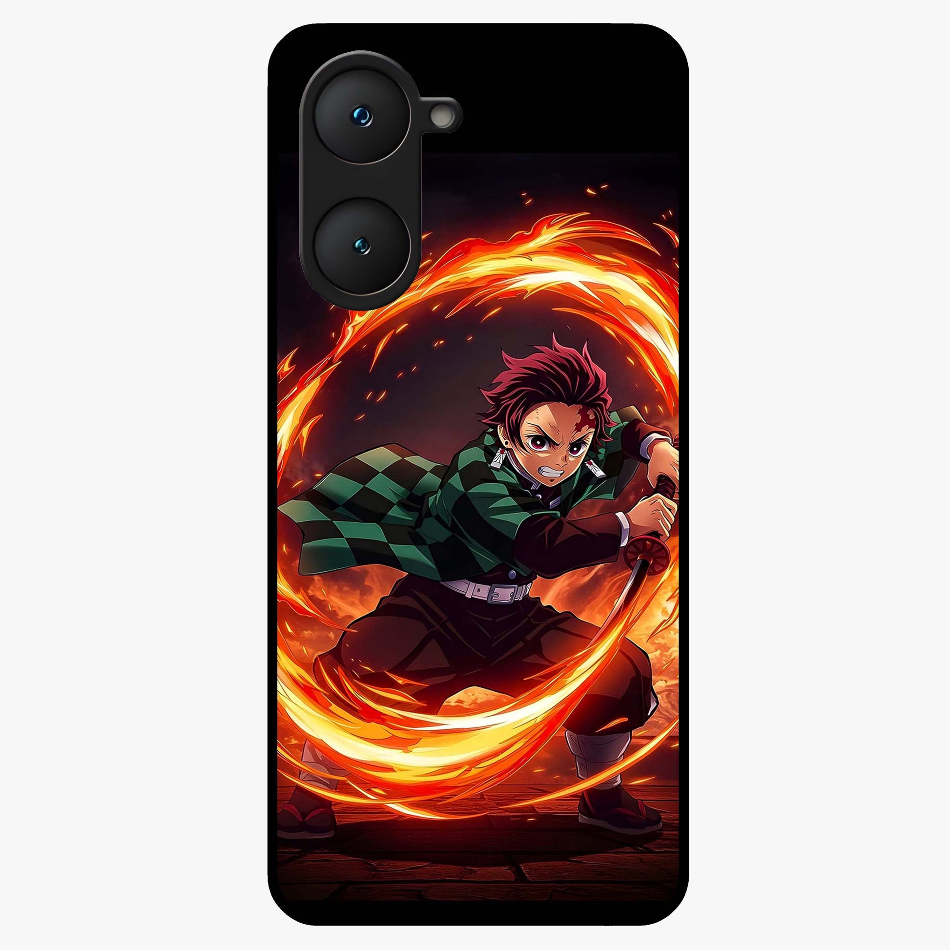 Blazing Sword Resolve Glass Case showing flat back view with fiery sword artwork and glossy glass finish.