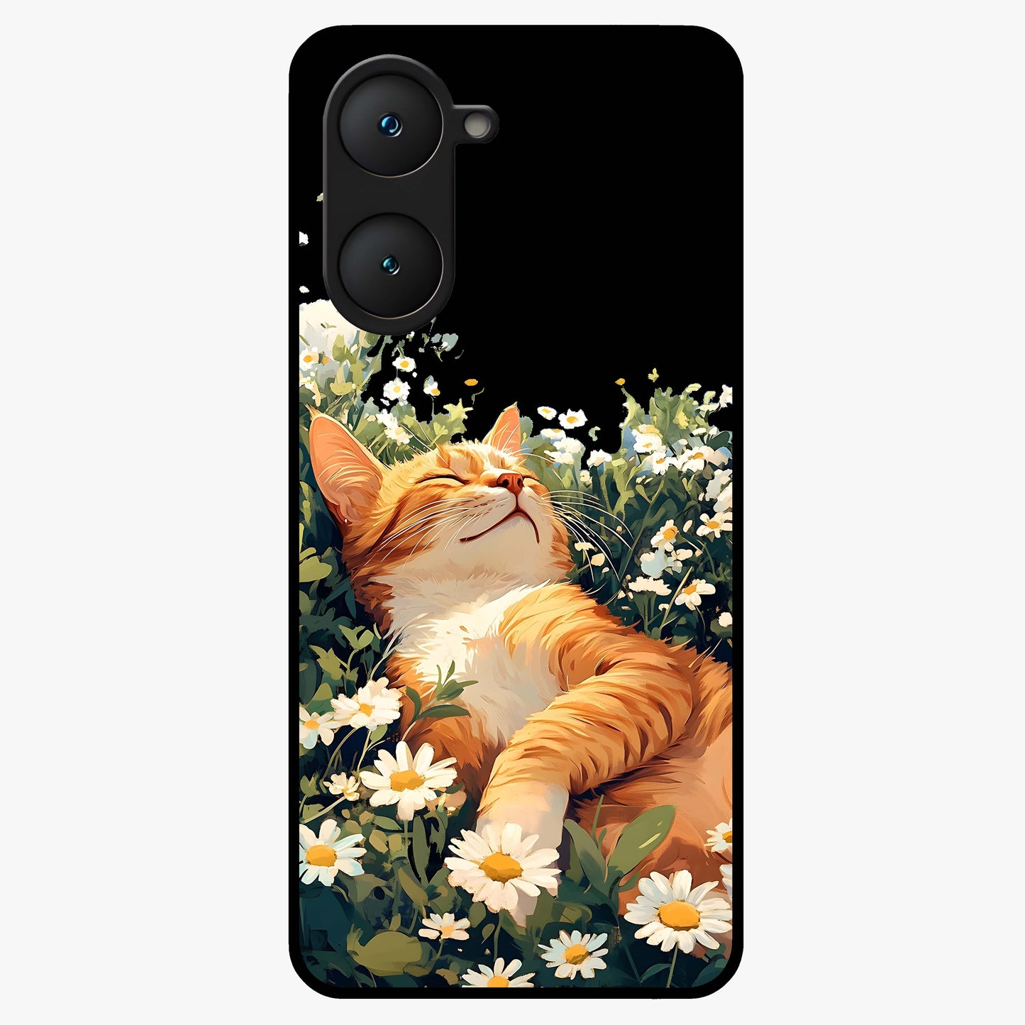 Blissful Bloom Cat Glass Case showing flat back view with cute cat and floral bloom artwork and glossy glass finish.