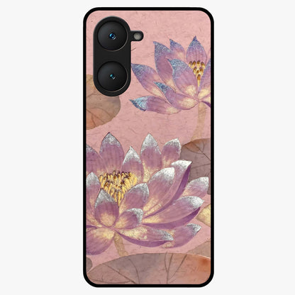Blossom Mist Lotus Glass Case showing flat back view with serene lotus blossom artwork and glossy glass finish.