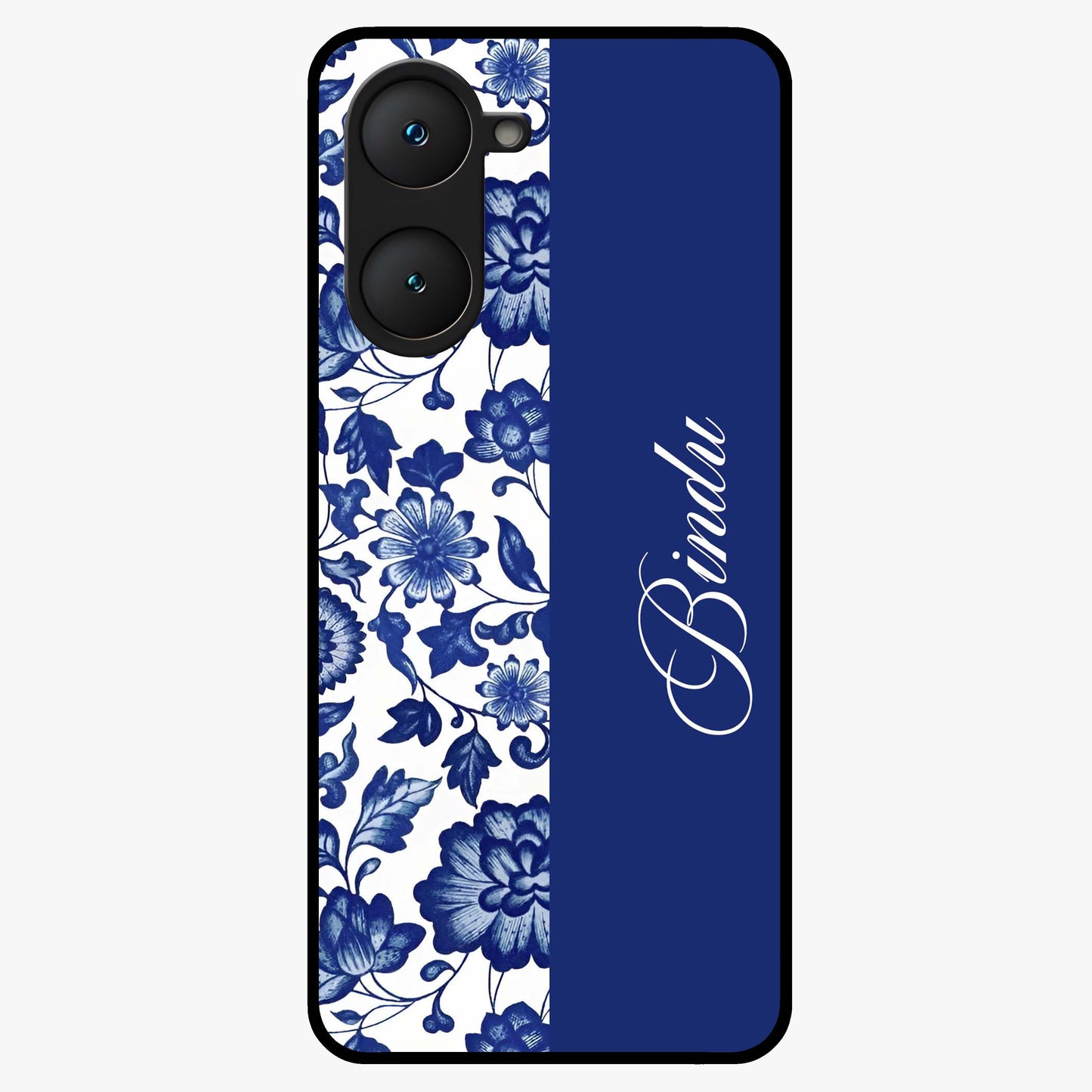 Blue Vintage Floral Pattern Glass Case upright view showcasing timeless floral illustration with vintage inspired style.