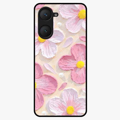 Blush Bloom Texture Glass Case showing flat back view with soft blush floral texture artwork and glossy glass finish.