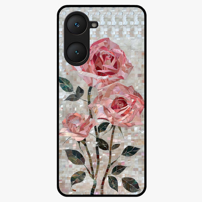 Blush Mosaic Bloom Glass Case showing flat back view with mosaic floral bloom artwork and glossy glass finish.