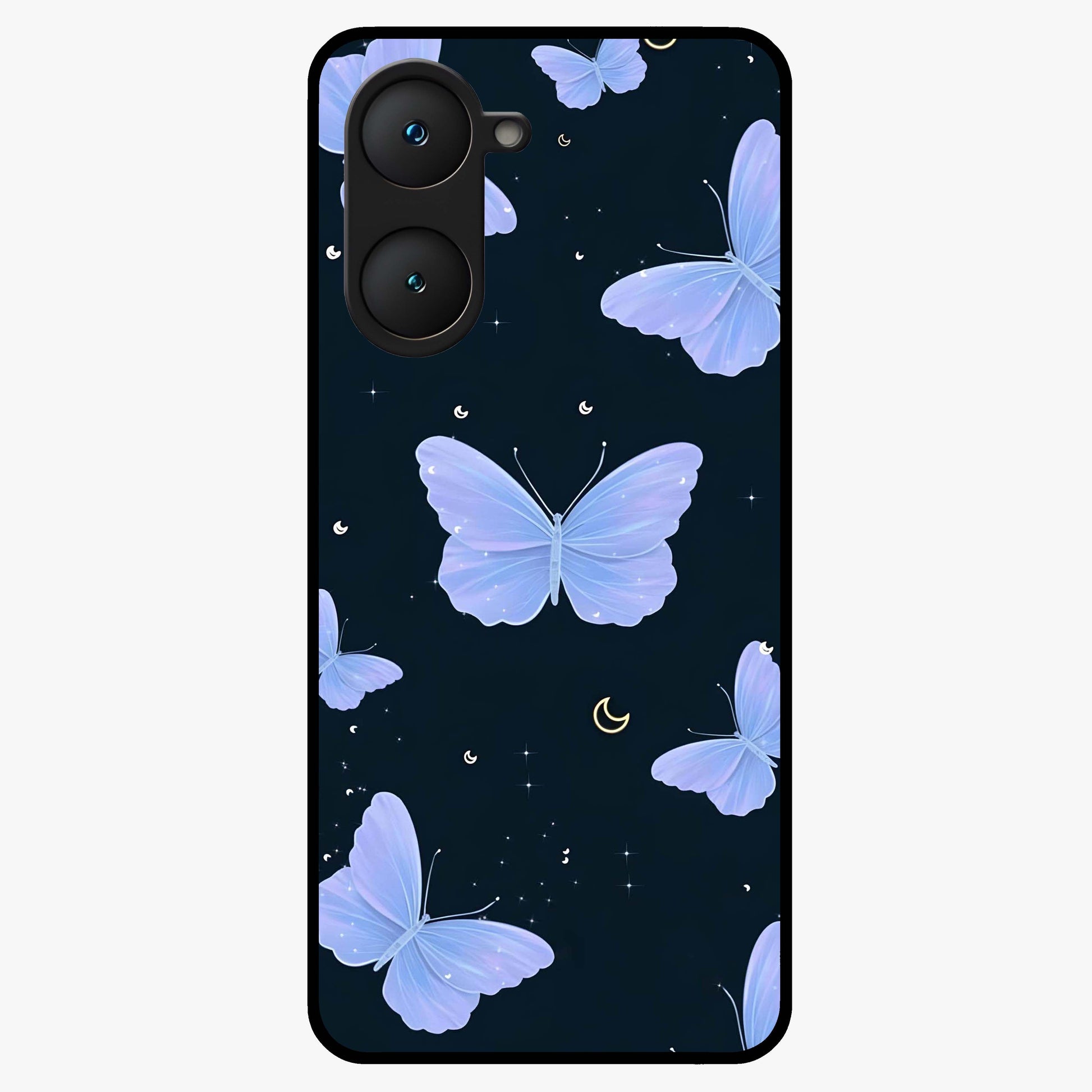 Butterfly With Stars Pattern Glass Case showing flat back view with butterfly and star pattern artwork and glossy glass finish.