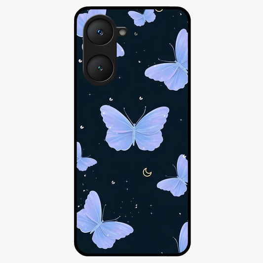 Butterfly With Stars Pattern Glass Case showing flat back view with butterfly and star pattern artwork and glossy glass finish.
