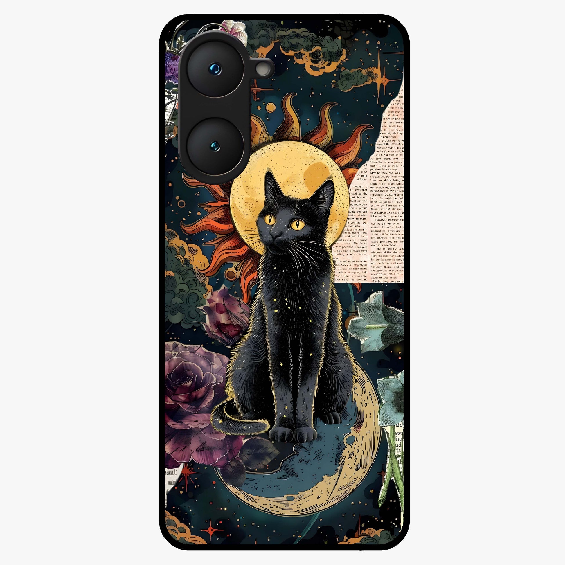 Celestial Black Cat Glass Case showing flat back view with mystical black cat artwork and glossy glass finish.