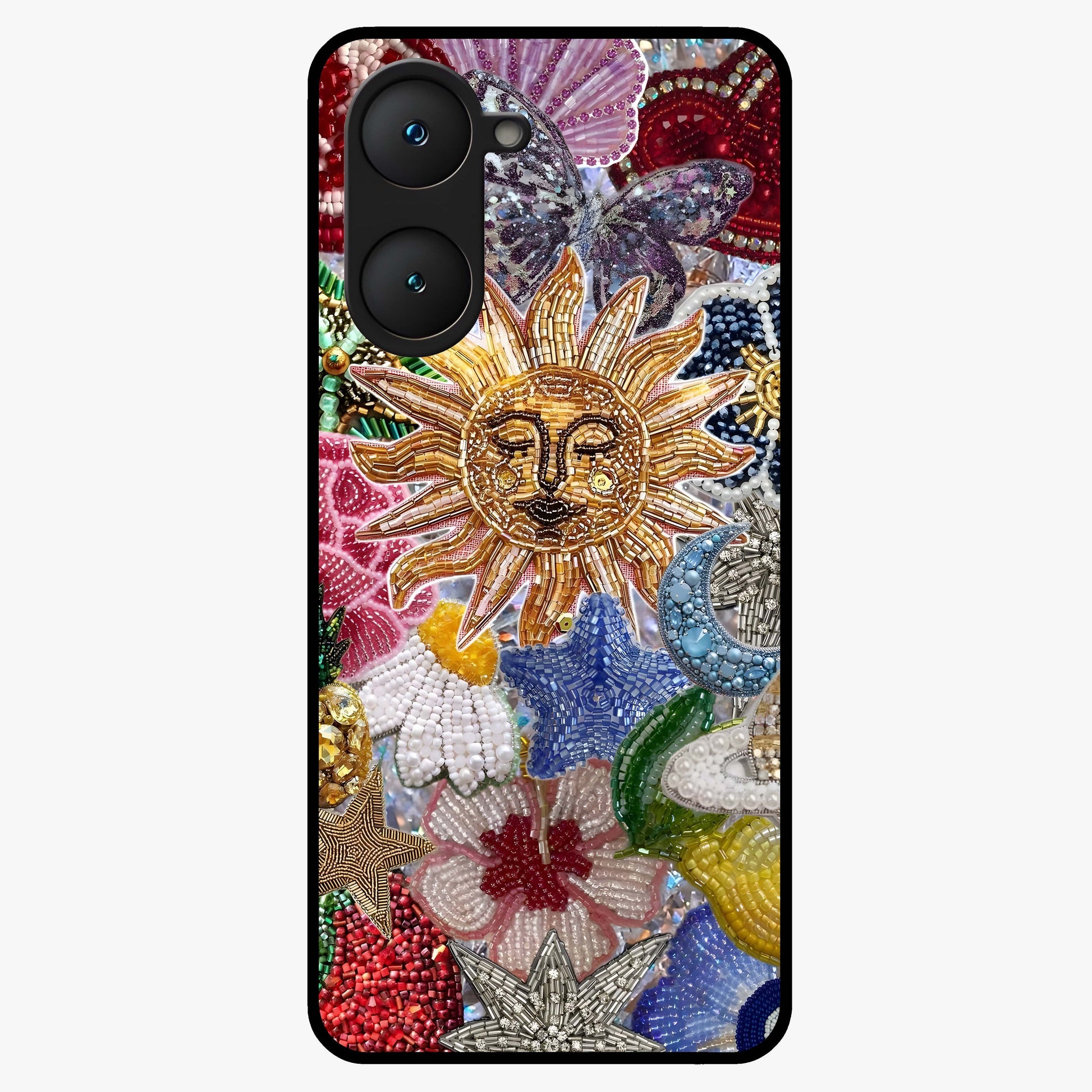 Celestial Floral and Playful Glass Case showing flat back view with floral and celestial themed artwork and glossy glass finish.