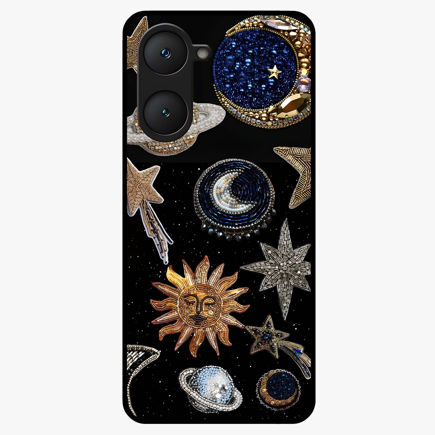 Celestial Gem Constellations Glass Case showing flat back view with sparkling constellation artwork and glossy glass finish.