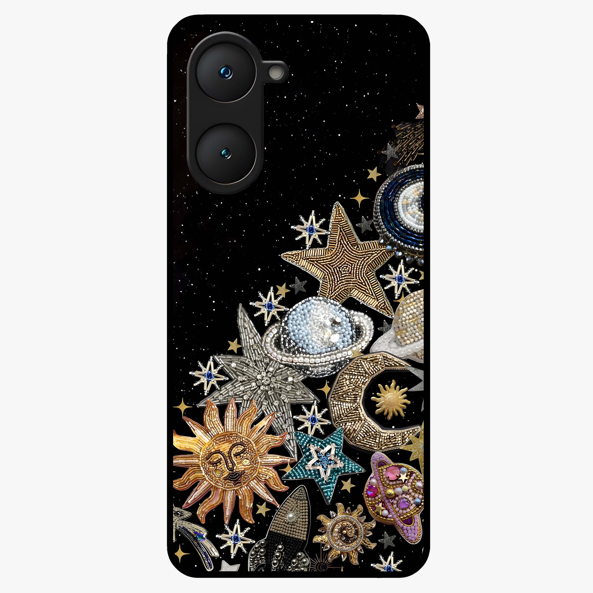 Cosmic Sparkle Dreams Glass Case showing flat back view with sparkling cosmic artwork and glossy glass finish.