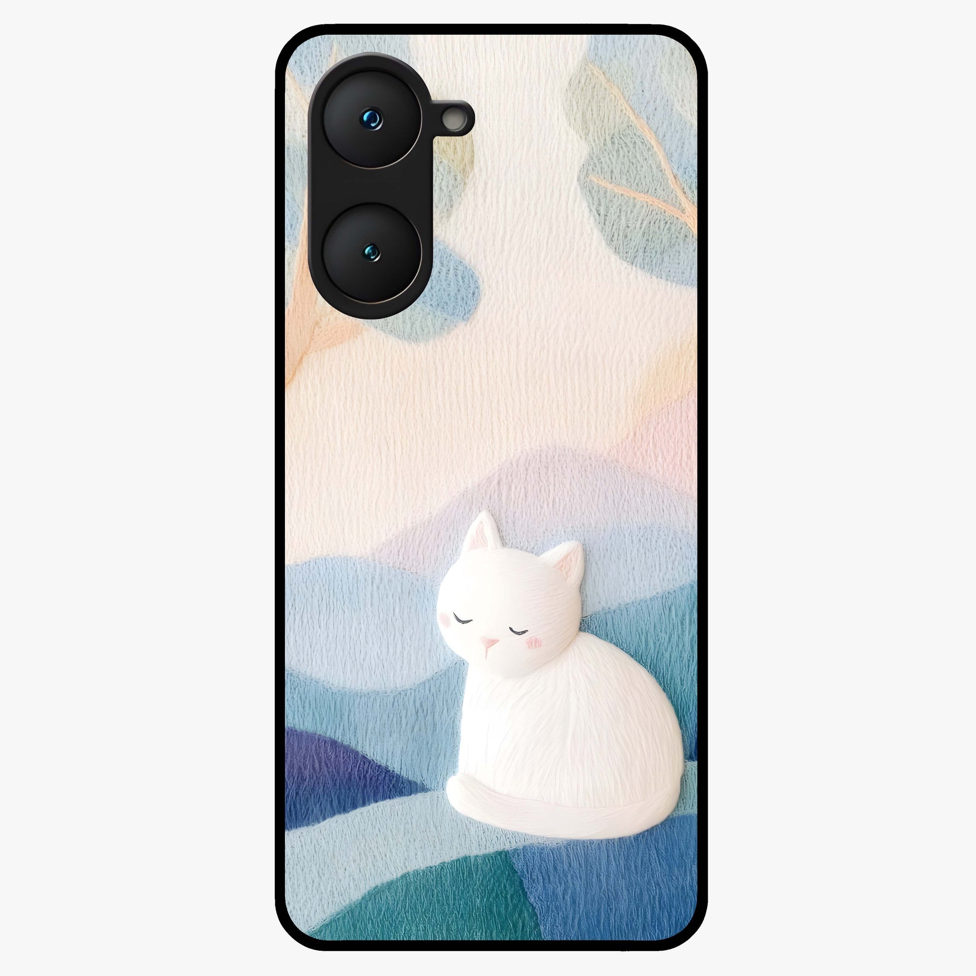 Cotton Dream Cat Glass Case showing flat back view with soft dreamy cat artwork and glossy glass finish.