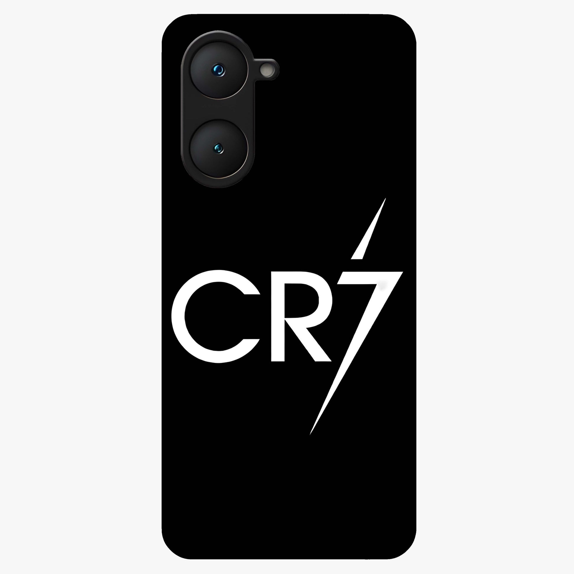 Cr7 Elite Strike Glass Case showing flat back view with dynamic football inspired artwork and glossy glass finish.