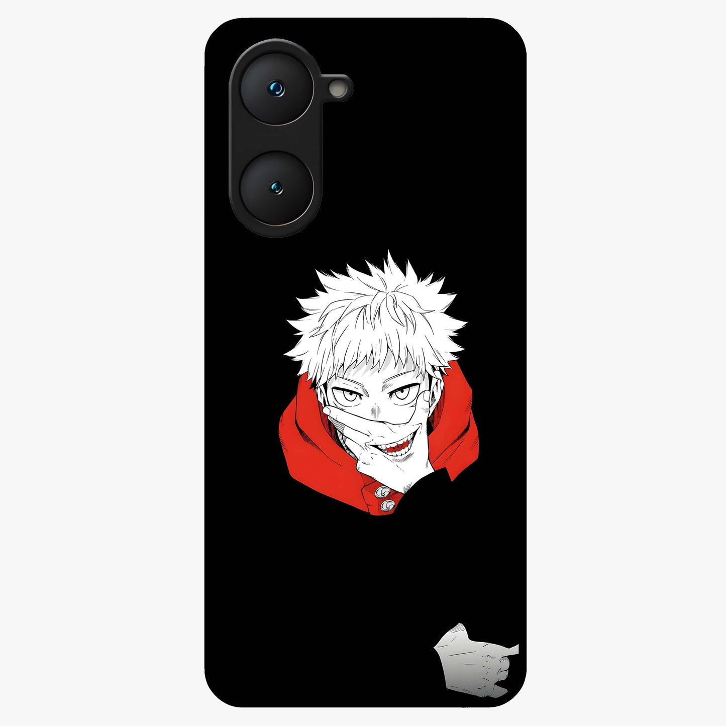 Crimson Chaos Smile Glass Case showing flat back view with bold chaotic smile artwork and glossy glass finish.