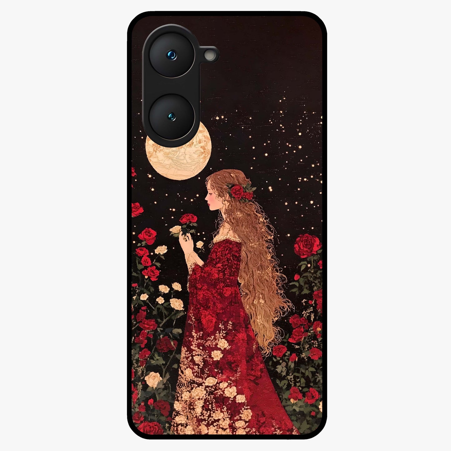 Crimson Dreams Glass Case showing flat back view with dreamy crimson artwork and glossy glass finish.