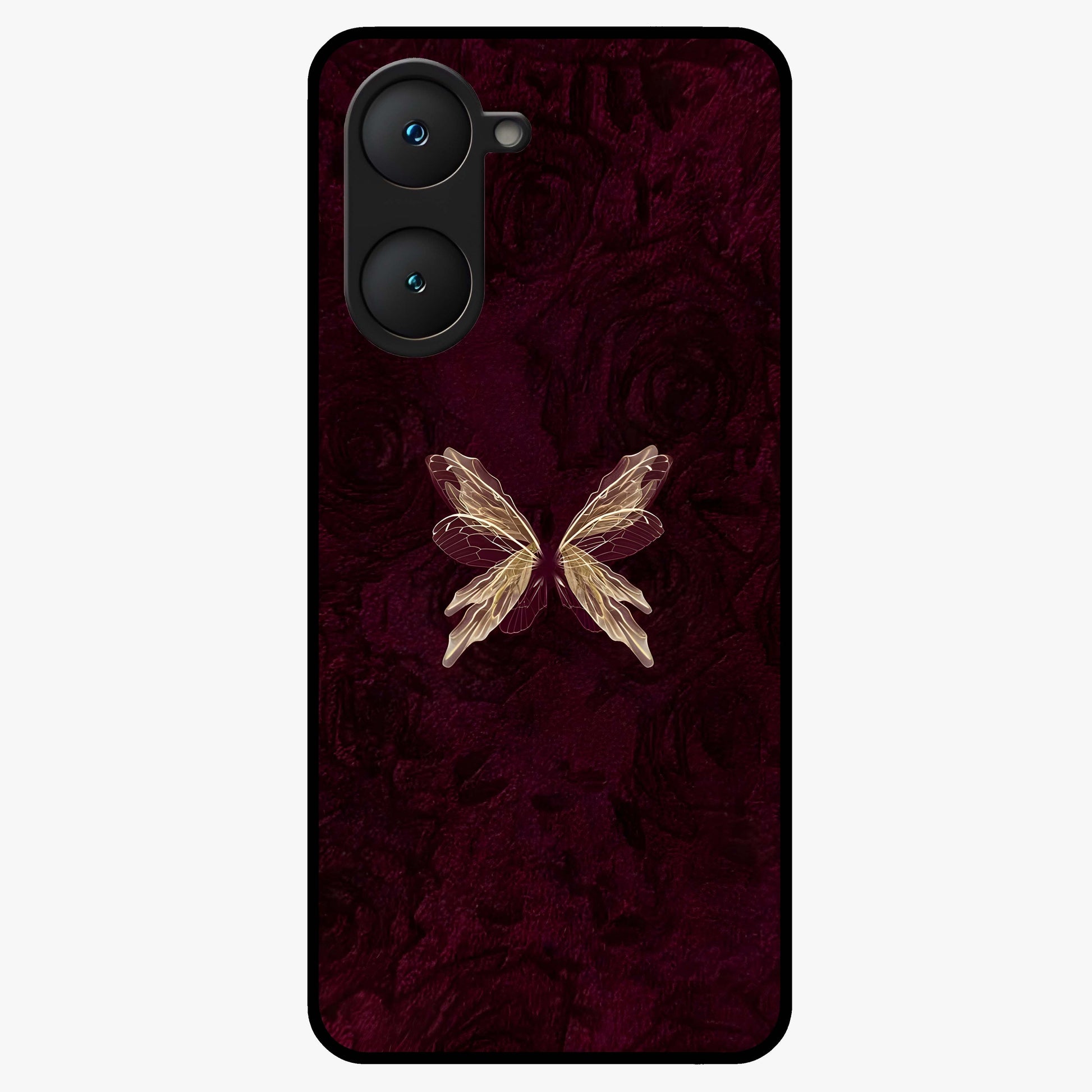 Crimson Fade Butterfly Glass Case showing flat back view with fading butterfly artwork and glossy glass finish.