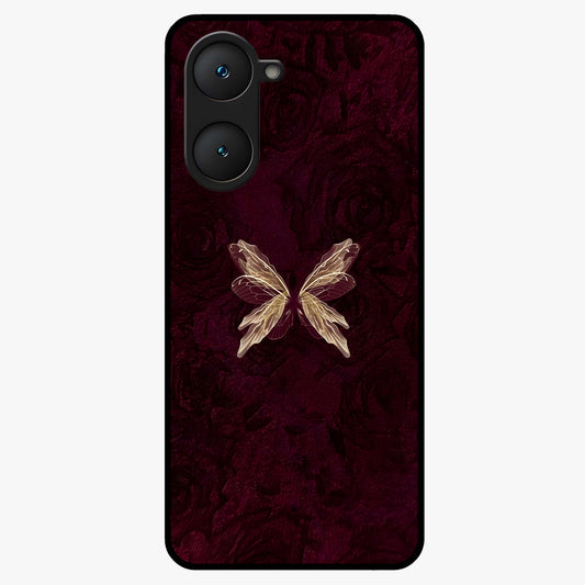 Crimson Fade Butterfly Glass Case showing flat back view with fading butterfly artwork and glossy glass finish.