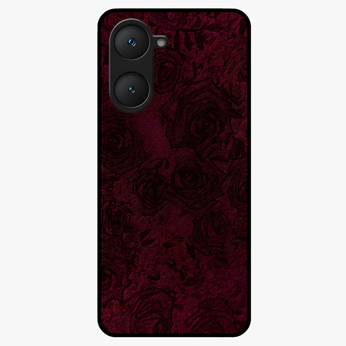 Crimson Fade Flow Glass Case showing flat back view with flowing crimson gradient artwork and glossy glass finish.