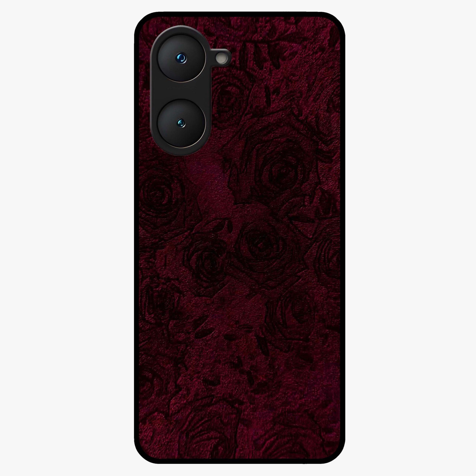 Crimson Fade Flow Glass Case showing flat back view with flowing crimson gradient artwork and glossy glass finish.