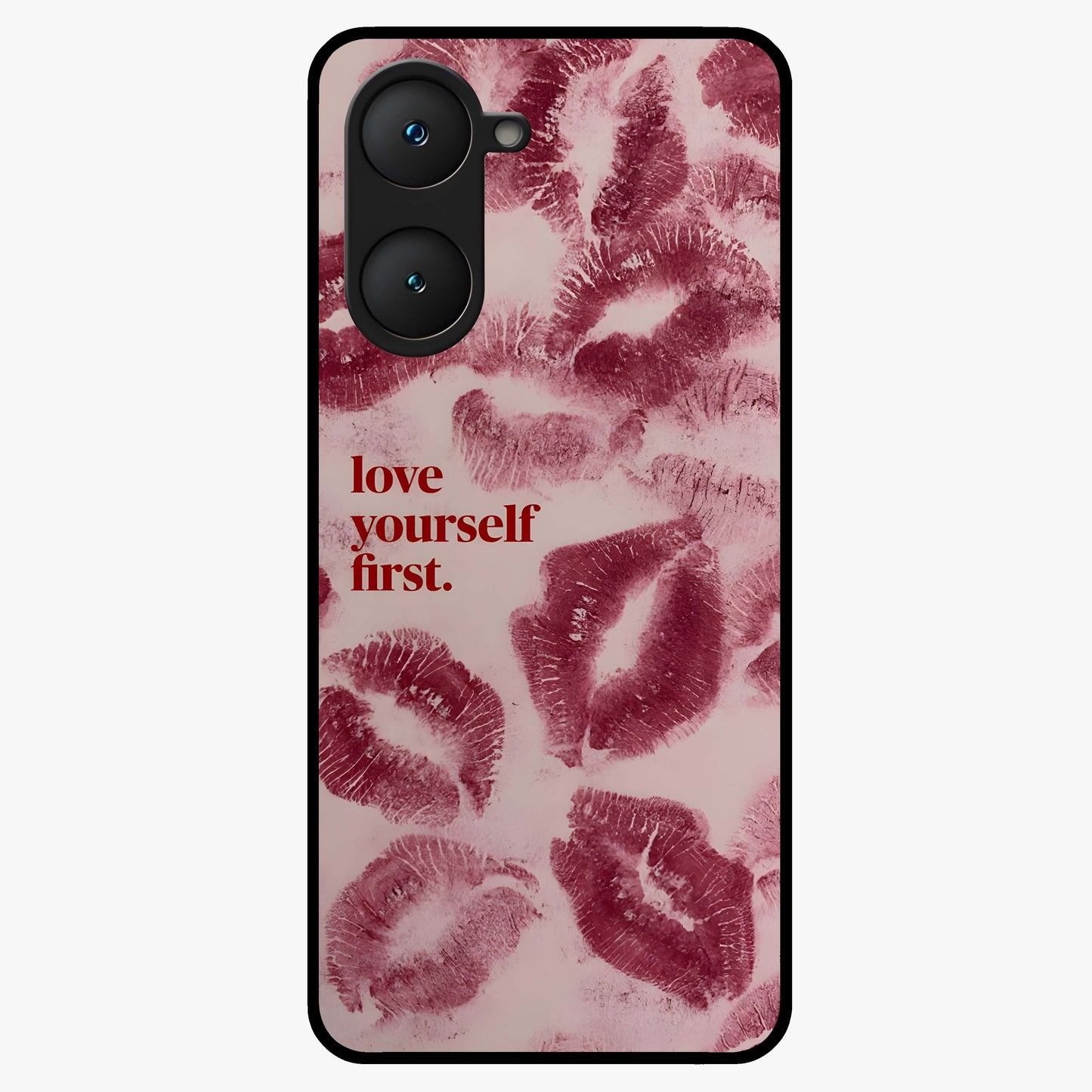 Crimson Kiss Love Glass Case showing flat back view with romantic crimson themed artwork and glossy glass finish.