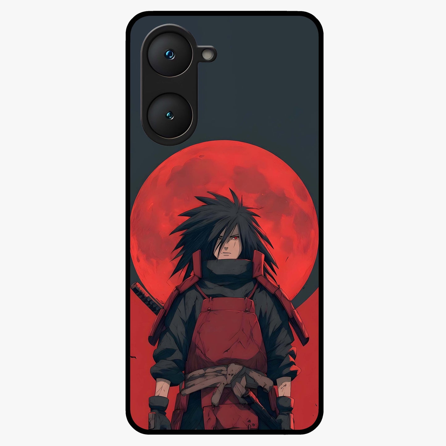 Crimson Moon Warlord Glass Case showing flat back view with mystical moon warrior artwork and glossy glass finish.