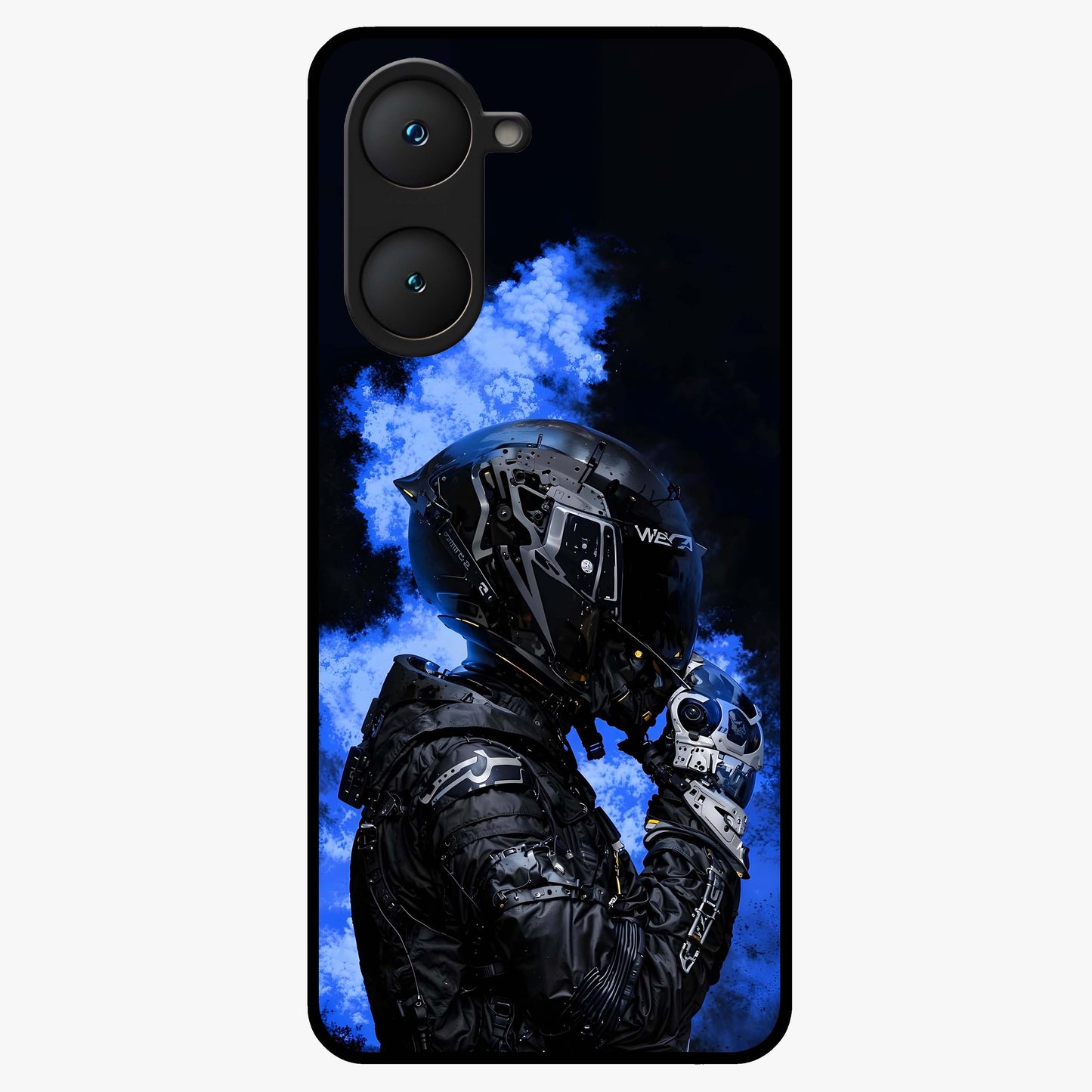 Cyber Sentinel Protocol Glass Case showing flat back view with futuristic cyber themed artwork and glossy glass finish.