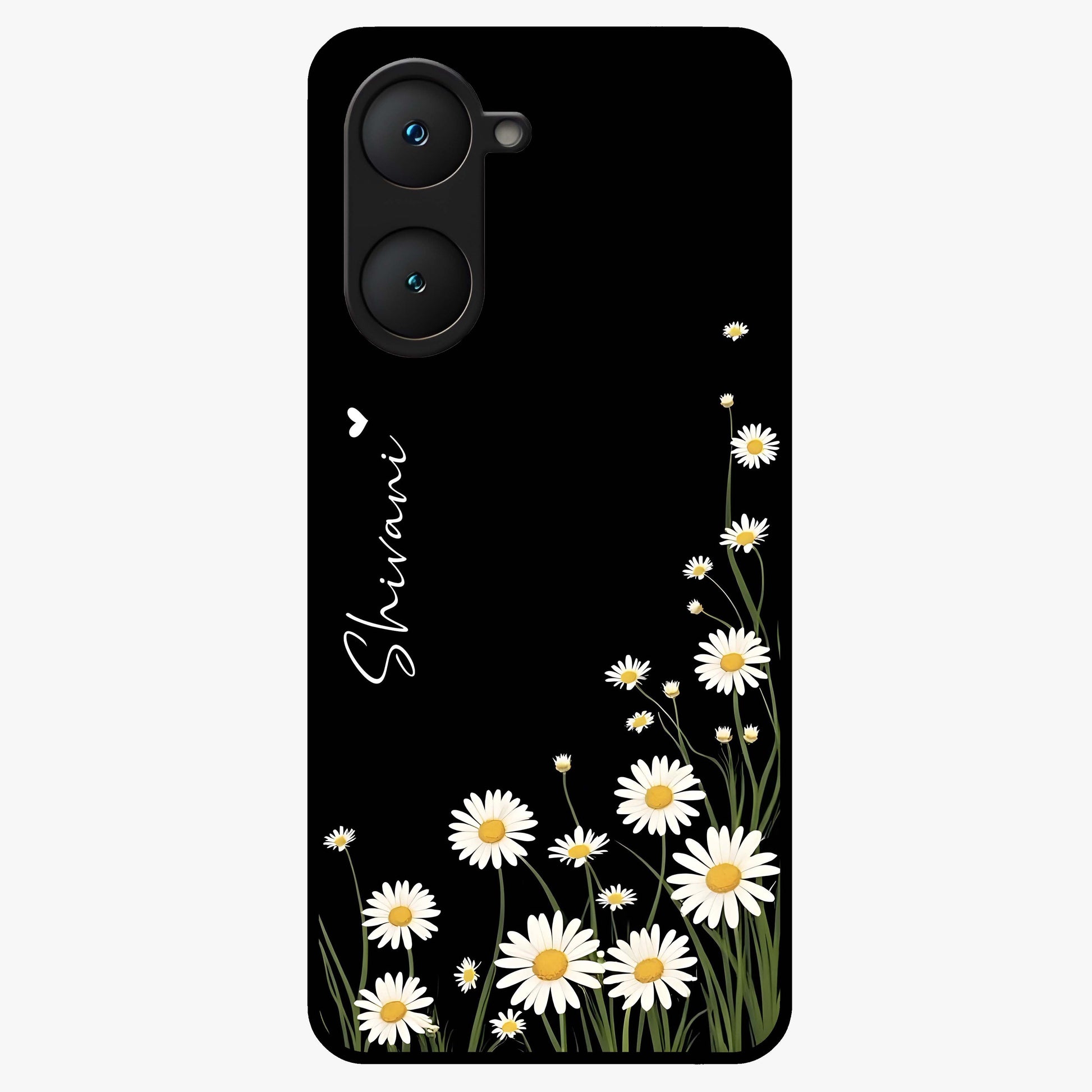 Daisy Cascade Custom Name Glass Case showing flat back view with cascading daisy flowers and personalized name design.