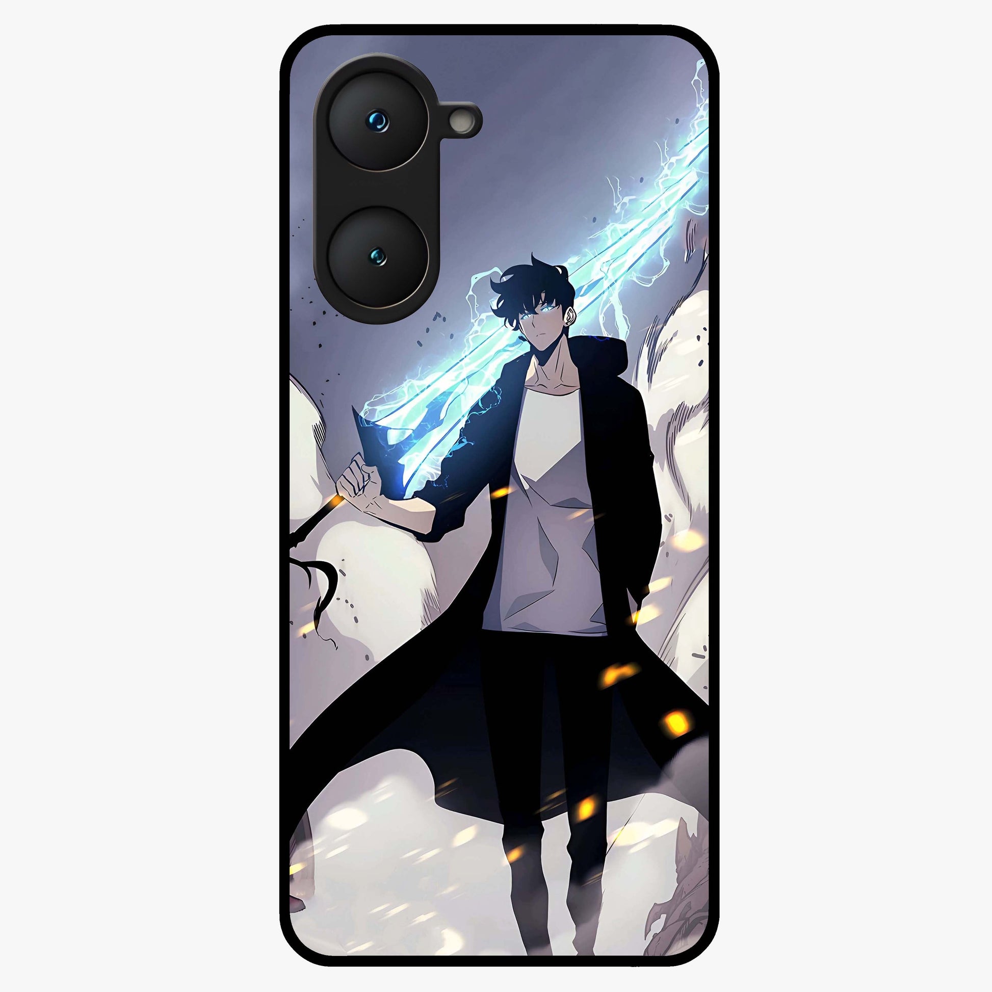 Dark Lightning Anime Warrior Glass Case showing flat back view with intense anime warrior artwork and glossy glass finish.