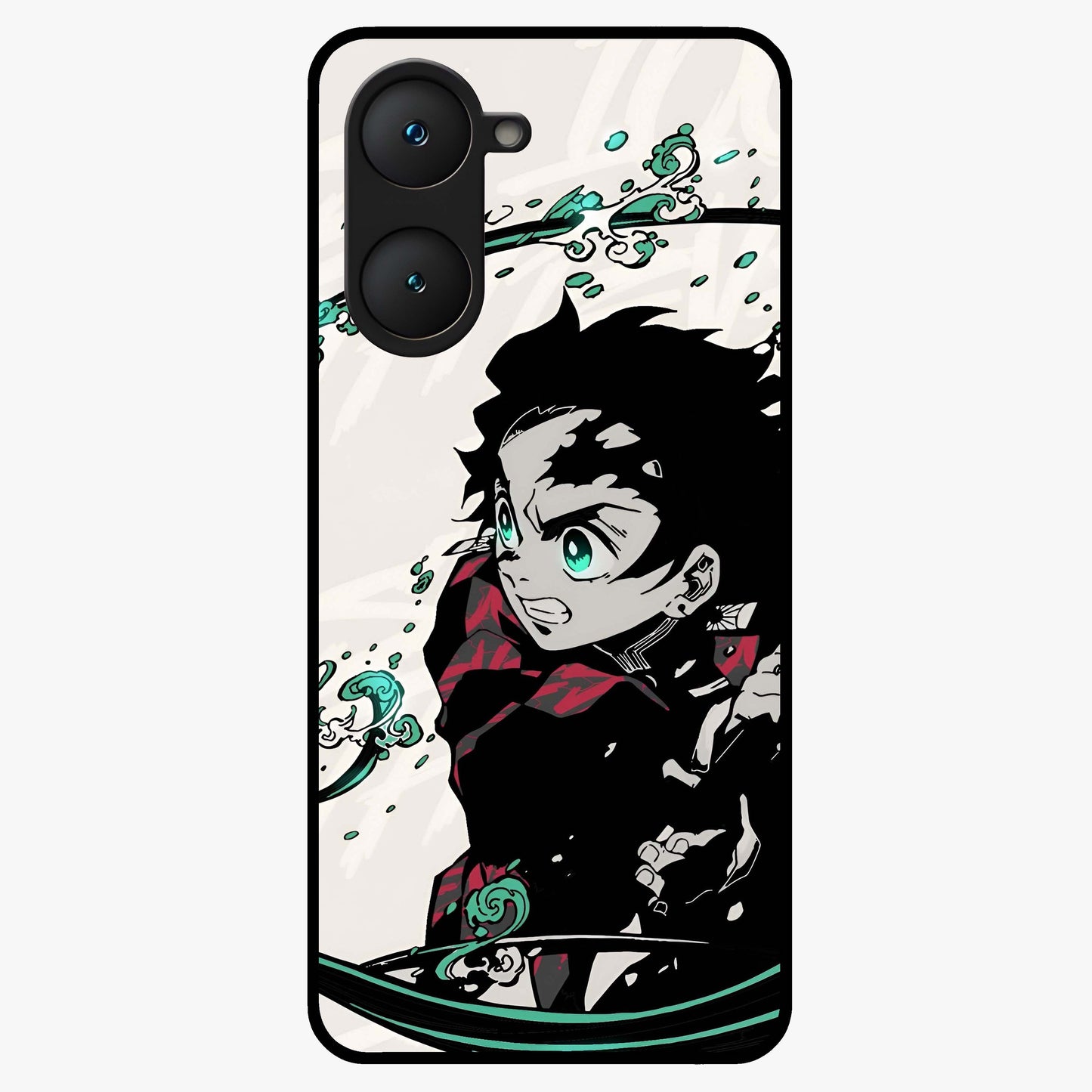 Demon Slayer Glass Case showing flat back view with bold anime inspired artwork and glossy glass finish.