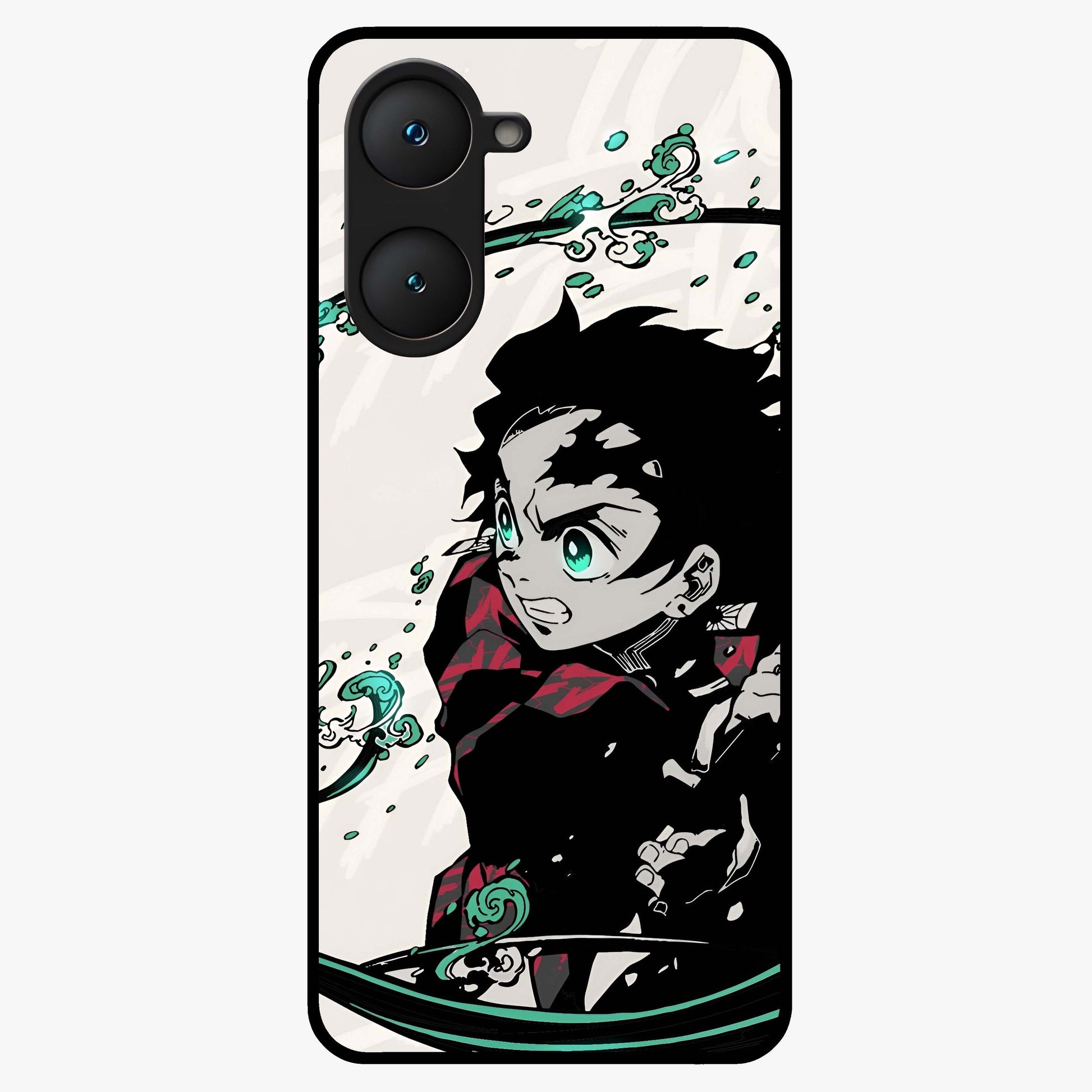 Demon Slayer Glass Case showing flat back view with bold anime inspired artwork and glossy glass finish.