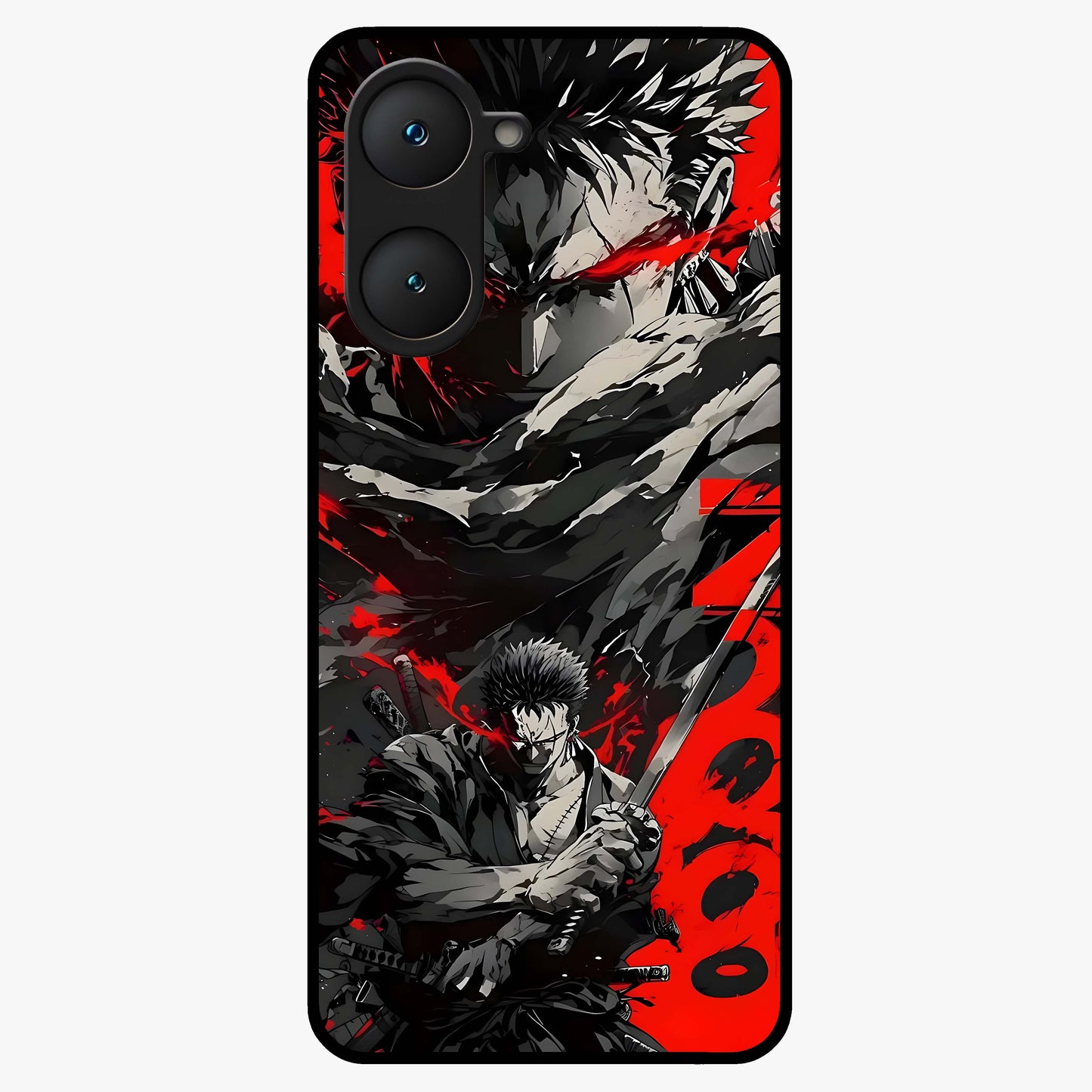 Demon Sword Resolve Glass Case showing flat back view with fierce sword warrior artwork and glossy glass finish.