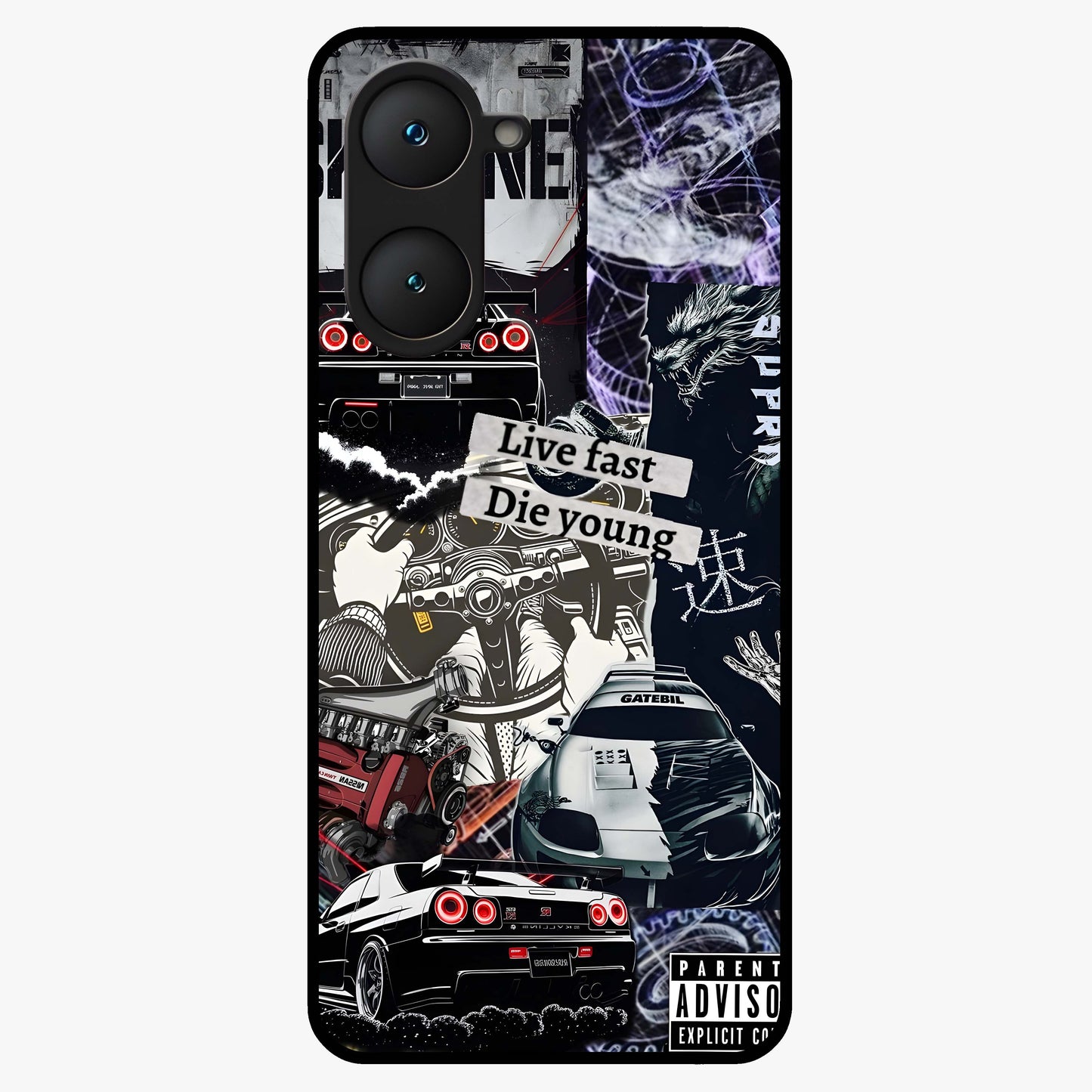 Die Young Glass Case showing flat back view with bold artistic typography design and glossy glass finish.