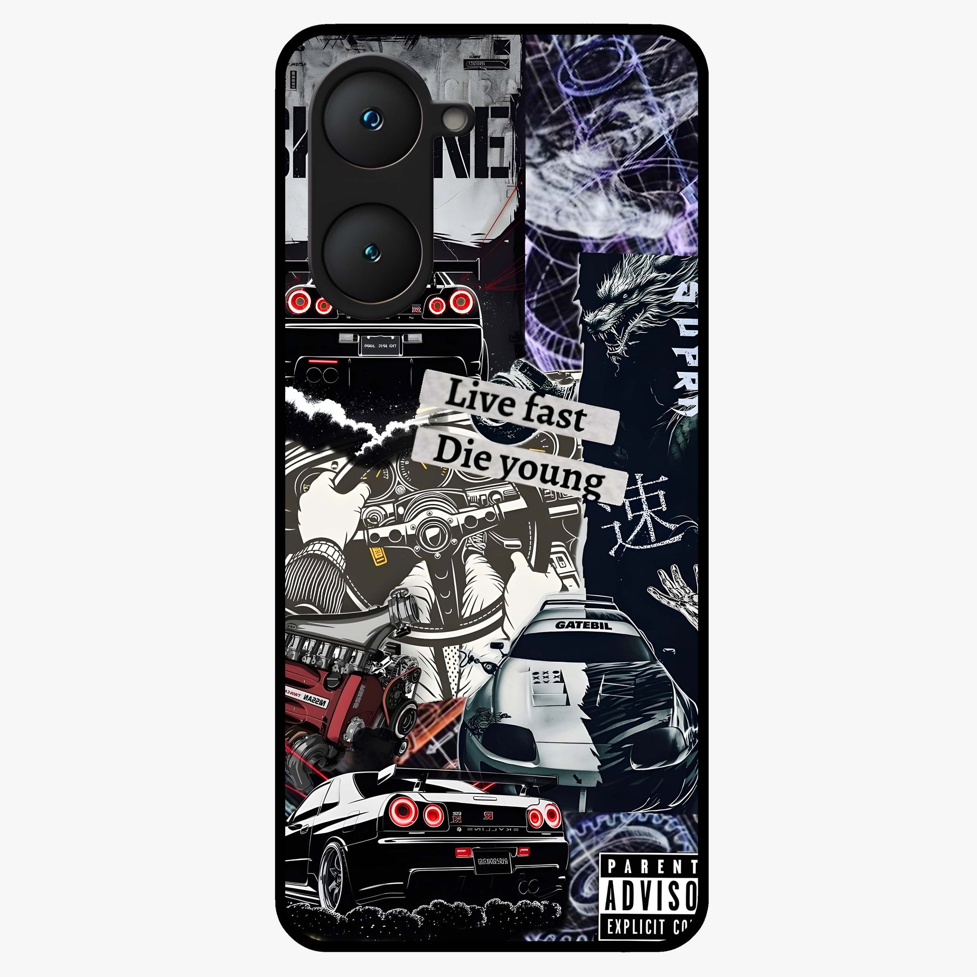 Die Young Glass Case showing flat back view with bold artistic typography design and glossy glass finish.