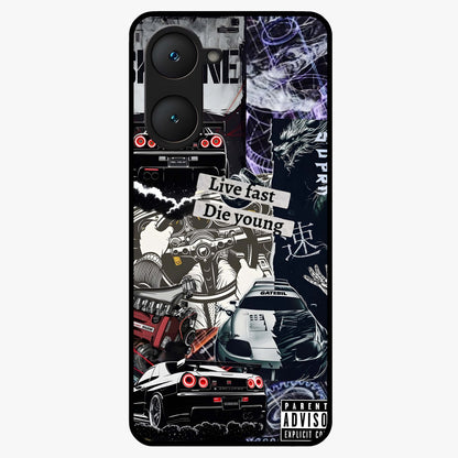 Die Young Glass Case showing flat back view with bold artistic typography design and glossy glass finish.