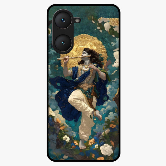Divine Krishna Art Glass Case showing flat back view with Lord Krishna artwork and glossy glass finish.