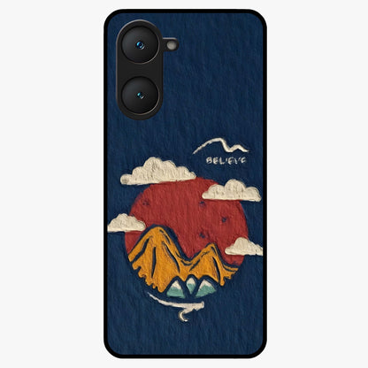 Dream Beyond Mountains Glass Case showing flat back view with scenic mountain landscape artwork and glossy glass finish.