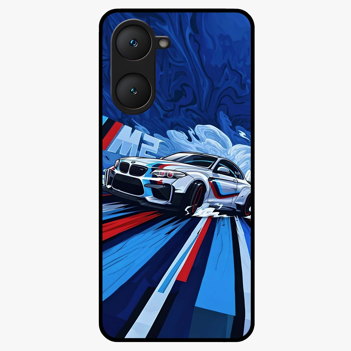 Drift Power Rush Glass Case showing flat back view with dynamic racing inspired artwork and glossy glass finish.