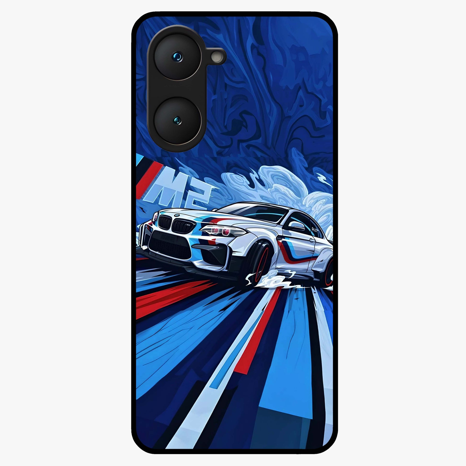 Drift Power Rush Glass Case showing flat back view with dynamic racing inspired artwork and glossy glass finish.