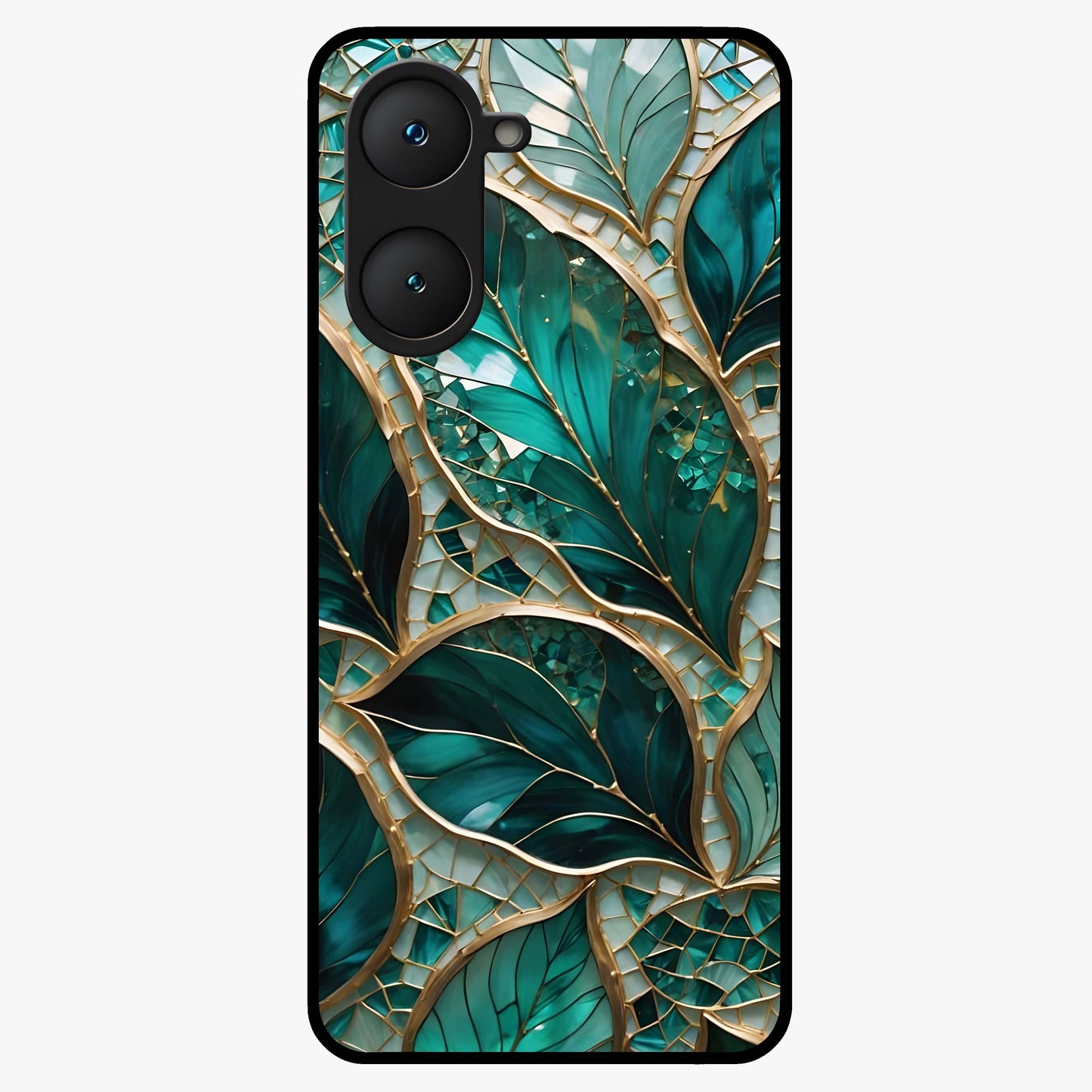 Emerald Leaf Glass Glass Case showing flat back view with emerald green leaf artwork and glossy glass finish.