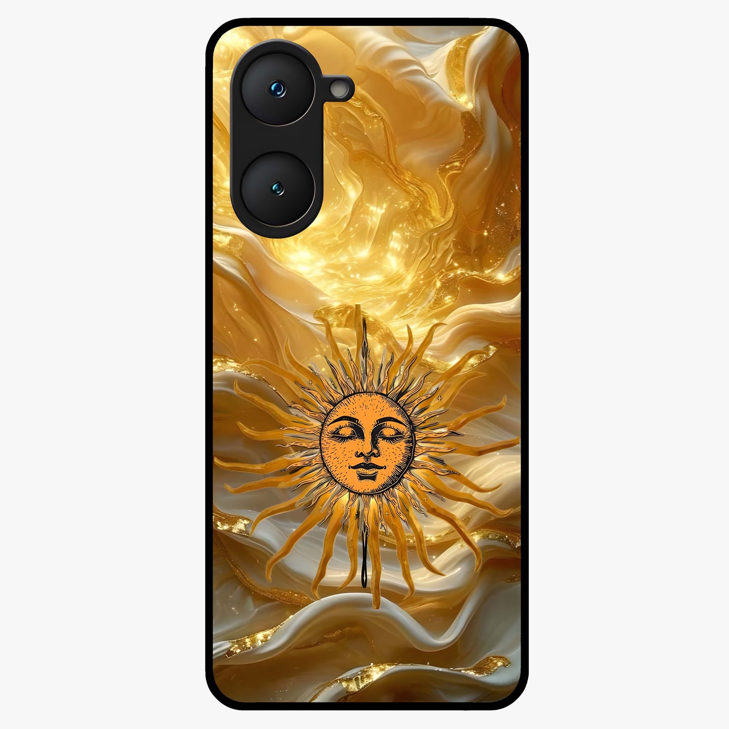 Eternal Golden Glow Glass Case showing flat back view with radiant golden themed artwork and glossy glass finish.