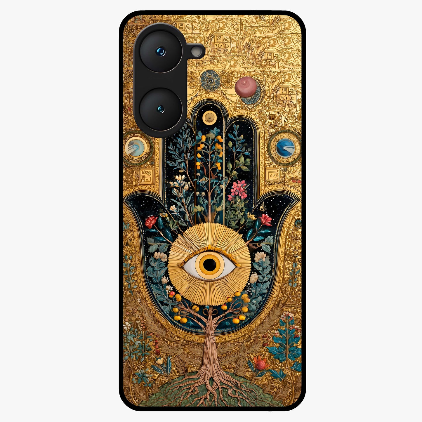 Ethereal Evil Eye Glass Case showing flat back view with mystical evil eye artwork and glossy glass finish.
