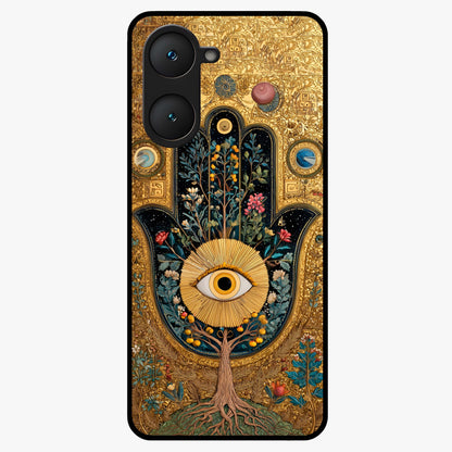 Ethereal Evil Eye Glass Case showing flat back view with mystical evil eye artwork and glossy glass finish.