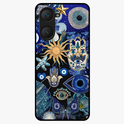 Evil Eye Charm Mix Glass Case showing flat back view with multiple evil eye charms artwork and glossy glass finish.